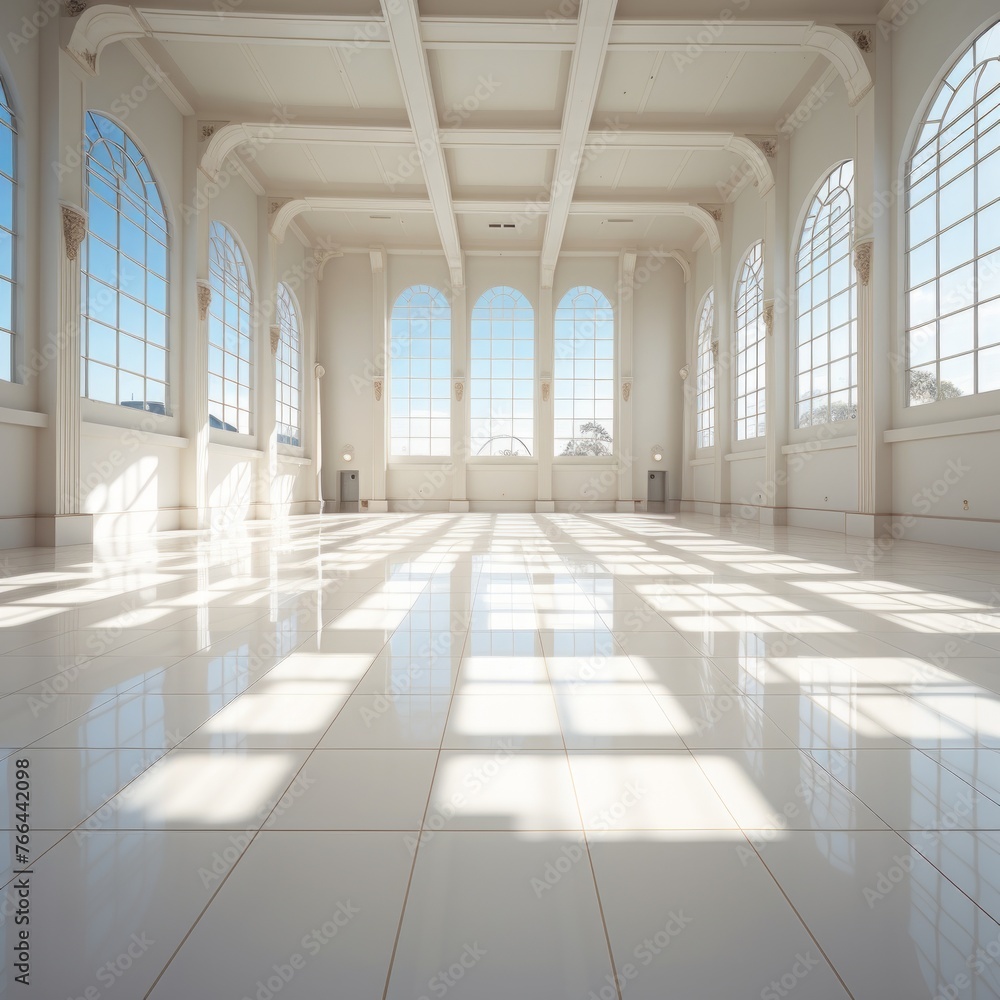 Large bright empty hall with shiny tiled floor and large windows