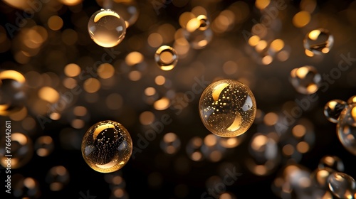 Golden bubbles floating in the air, dark background,
