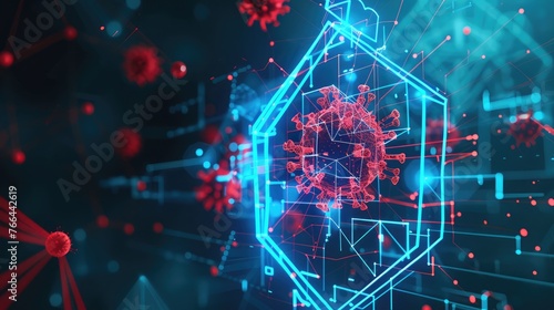 Modern 3D graphics of abstract house icon behind futuristic blue protection shield attacked by red virus. Low poly style. Blue geometric background.