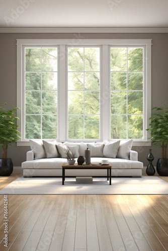 Bright living room interior with large windows