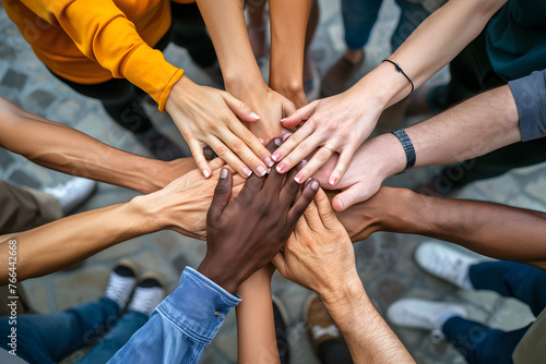 close-up photo of diverse hands joined together, symbolizing unity and inclusivity, multiracial friendship photo