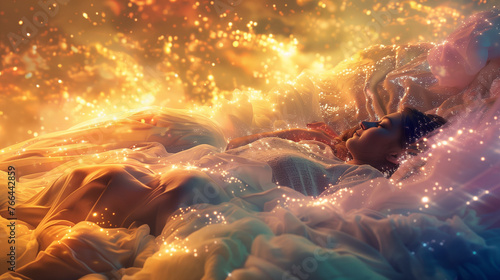 Dreamy scene of a woman surrounded by glowing lights and vivid colors.