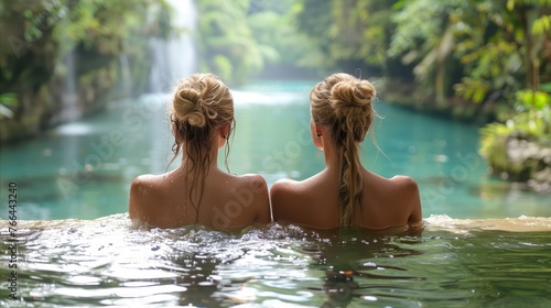 Two Women Relaxing in a Natural Hot Spring Near a Waterfall