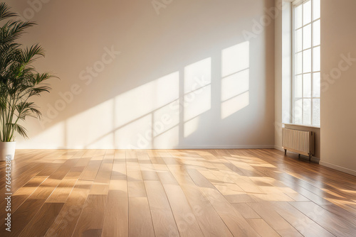 Room interior empty space background mock up, sunlight and shadows room walls, cozy summer warm room with sunlight and leafs shadows and wooden blank parquet floor