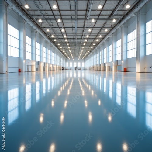 An empty airplane hangar with a shiny reflective floor