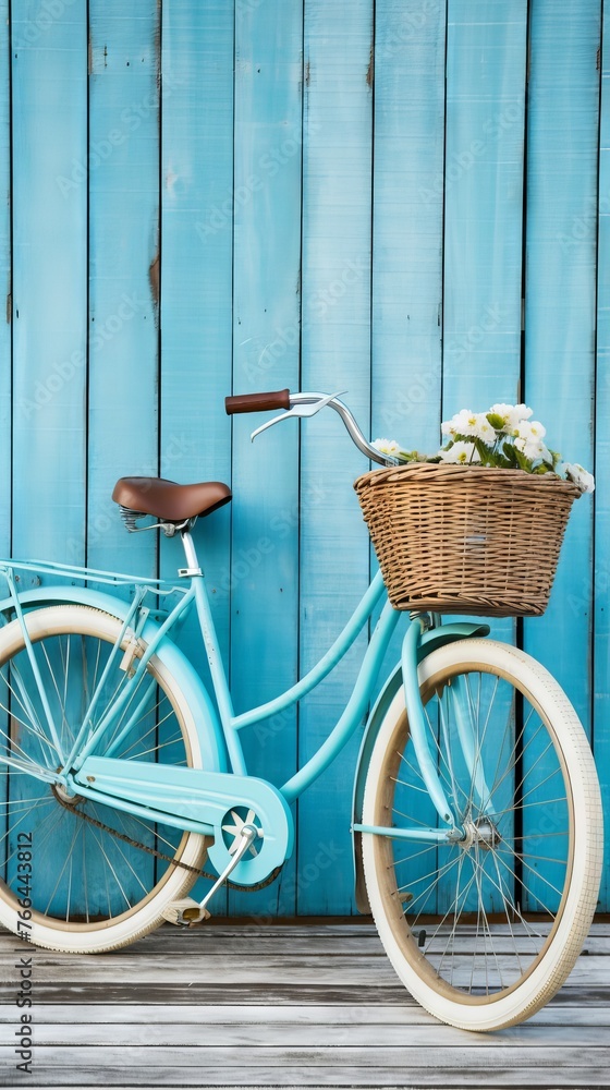 Cute bike with a basket of flowers. Banner with copy space. Concept: rental of transport for street walks, active recreation with the family in nature