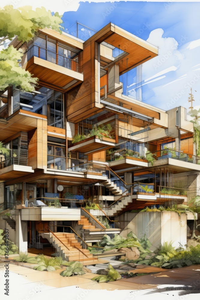 Image showcasing futuristic green apartment building with lots of windows and vegetation ...