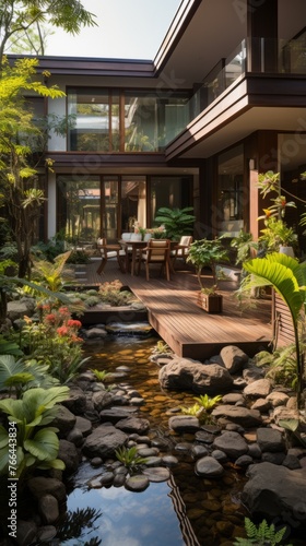 Courtyard with tropical plants and a pond
