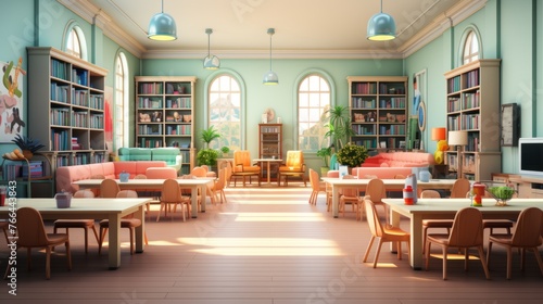 Cozy interior of a modern library with large windows and bookshelves