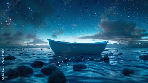 A calm  surreal bath in a tub floating among the stars  minimalist relaxation