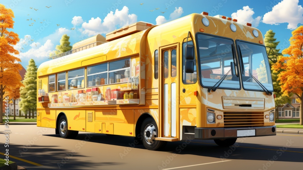 A yellow bus with a lot of food inside is on the road