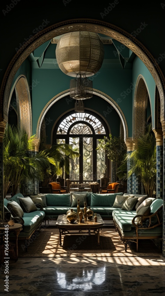 Ornate living room with green walls and arched openings