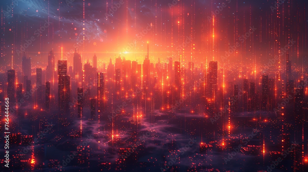 Futuristic depiction of a digitally advanced city with extensive high-speed fiber network coverage, representing big data technology.