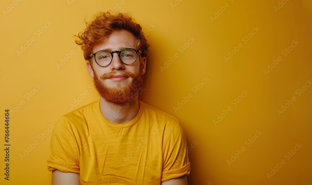 Fototapeta premium A man with a beard and glasses is smiling at the camera. He is wearing a yellow shirt. Attractive ginger man wearing yellow tshirt and glasses. Isolated on yellow background