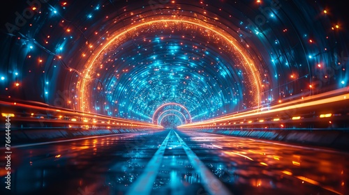Futuristic highway tunnel adorned with blue neon lights, set against a cityscape backdrop. © Khalida