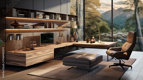 Modern home office with a large desk, comfortable chair, and beautiful mountain view © Adobe Contributor