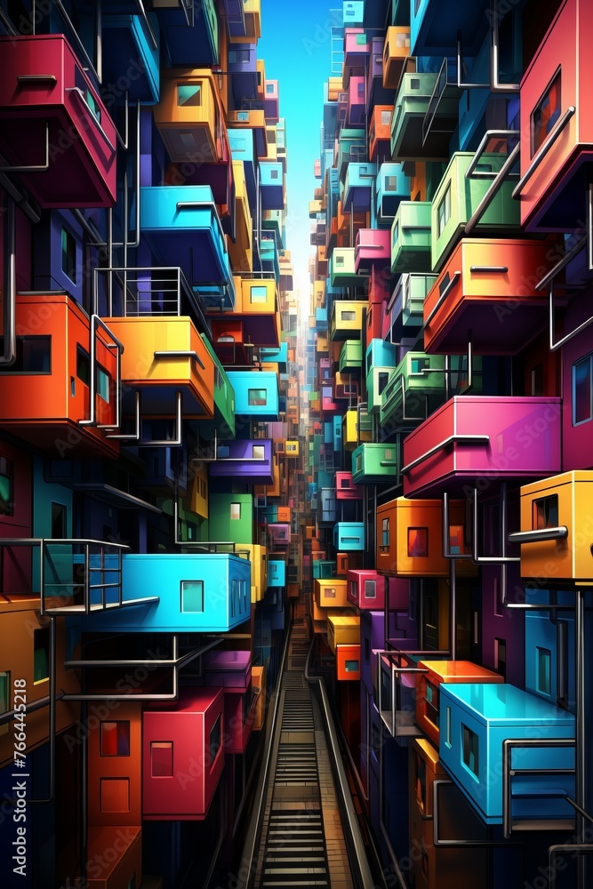A Colorful Cityscape of Stacked Shipping Containers