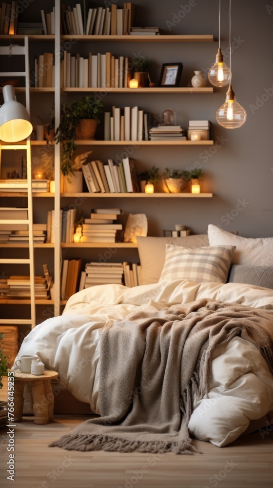Cozy bedroom with bookshelves and a comfortable bed Cozy bedroom with bookshelves and a comfortable bed