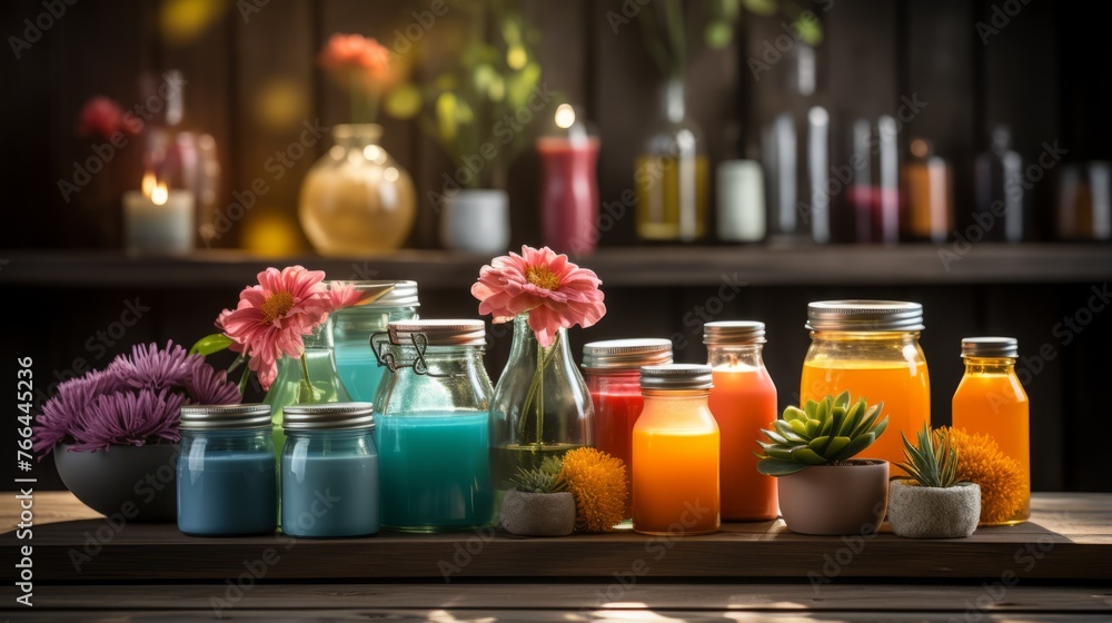 An assortment of colorful bottles and jars filled with various liquids and flowers on a wooden table.
