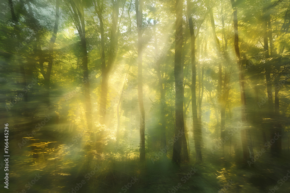 Obraz premium A beautiful calm sunny summer day in green forest. Sun rays through the leaves of trees, a lot of sun light in the foggy forest.