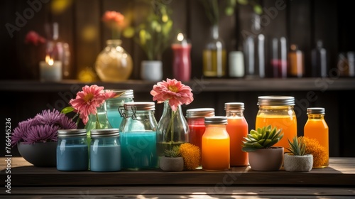 An assortment of colorful bottles and jars filled with various liquids and flowers on a wooden table.