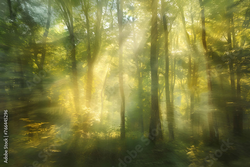 A beautiful calm sunny summer day in green forest. Sun rays through the leaves of trees, a lot of sun light in the foggy forest.