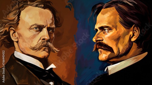 Two men with mustaches are shown in a painting. One man is wearing a black suit and the other is wearing a white suit