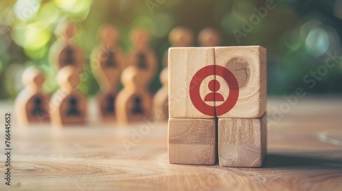 Customer relationship management Wooden block with target icon linked to human icon for customer target group development of information exchange photo