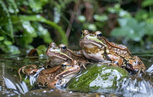 , playfully jumping over other frogs, in a lush pond setting