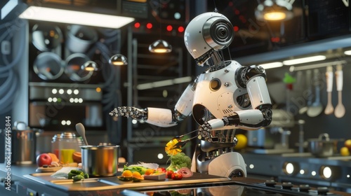 A 3D robot as a chef, skillfully preparing gourmet meals in a high-tech kitchen, its metallic arms whisking and chopping