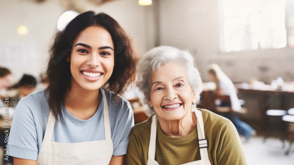 Portrait of a happy beautiful young woman and an elderly lady in uniforms at the humanitarian aid center for people in need, the Homeless, and Refugees. Donations, Social assistance, Charity concepts. Portrait of a happy beautiful young woman and an elderly lady in uniforms at the humanitarian aid center for people in need, the Homeless, and Refugees. Donations, Social assistance, Charity concepts.
