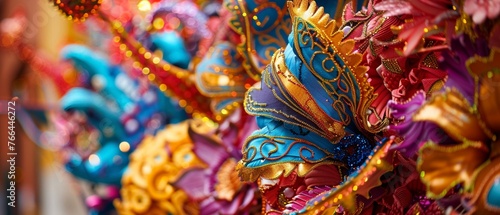 A closeup of intricate carnival decorations and textures  focusing on patterns and colors
