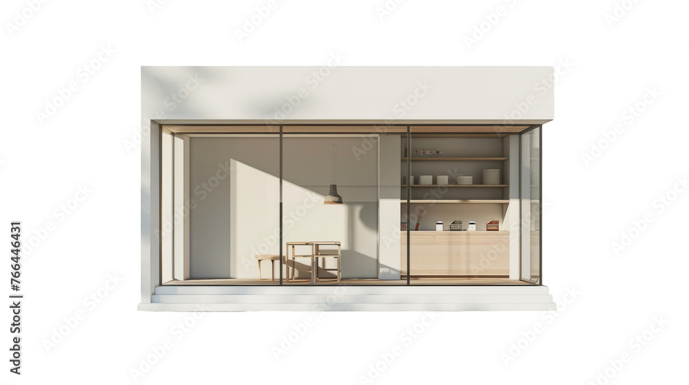 A tranquil white room with glass doors and shelves, filling the space with ethereal light and transparency A tranquil white room with glass doors and shelves, filling the space with ethereal light and transparency