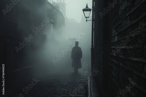 A foggy Victorian London alley, with the shadowy figure of Jack the Ripper looming, his silhouette barely visible in the mist photo