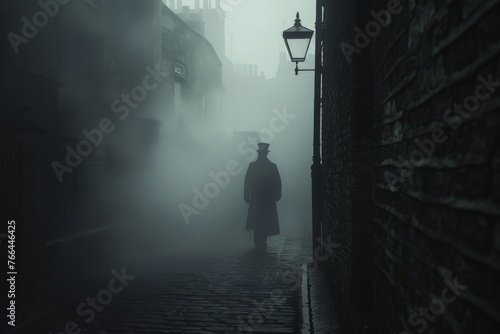 A foggy Victorian London alley, with the shadowy figure of Jack the Ripper looming, his silhouette barely visible in the mist