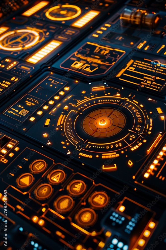 Advanced scifi control panel, pulsating with data for interstellar navigation