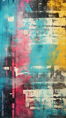 Colorful abstract painting with blue, pink, and yellow colors