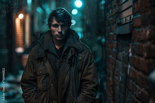 Mysterious Man in Dark Coat Standing in Night Alley