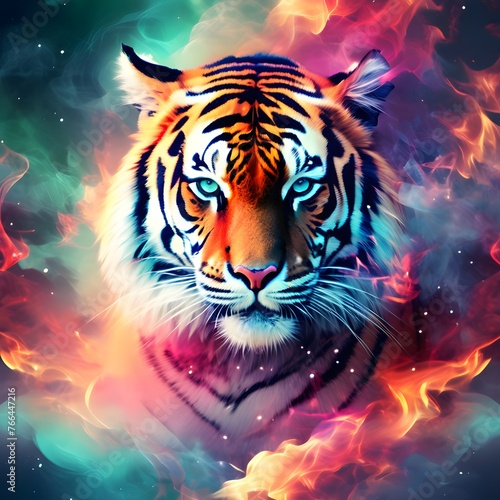 Tiger emerging from colourful smoke and flames