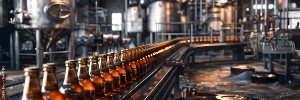 Bottles of beer on a brewery conveyor belt, with machinery and equipment in the background Bottles of beer on a brewery conveyor belt, with machinery and equipment in the background