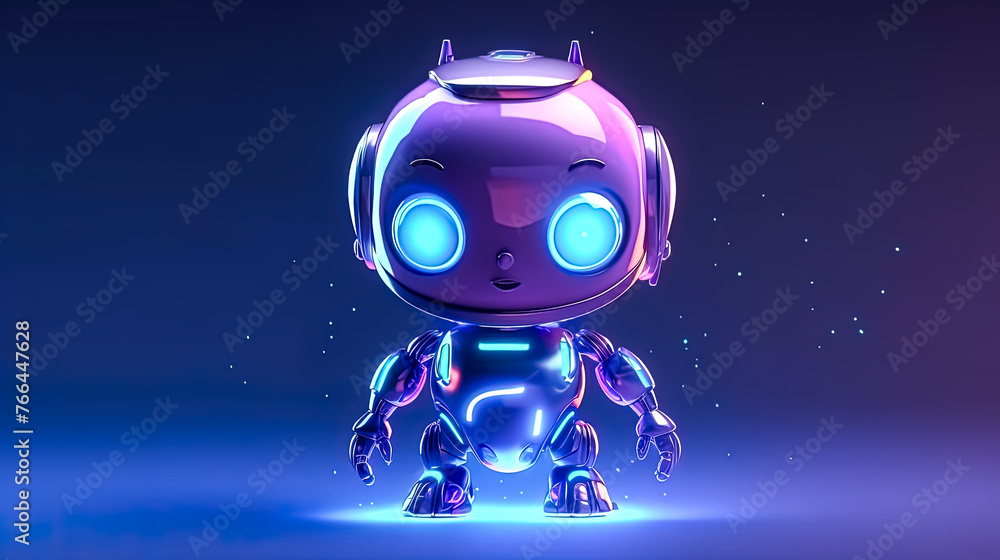 A robot with blue eyes stands in front of a blue background A robot with blue eyes stands in front of a blue background