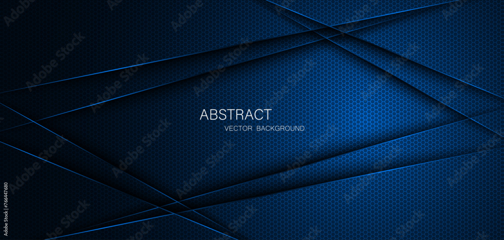 Abstract blue steel mesh background with blue glowing lines with free space for design. Modern technology innovation concept background. Perforated dark blue metal sheet for background image.	 - obrazy, fototapety, plakaty 