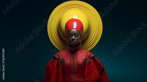 Black beauty fashion photo. A futuristic-looking woman in a red baroque dress