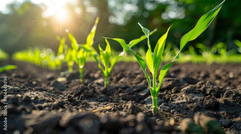 Close-up of fresh green corn sprouts emerging from the soil in a cultivated farm field - obrazy, fototapety, plakaty 