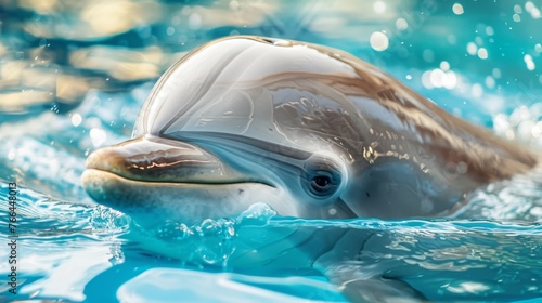 Close-up of a dolphin swimming gracefully in crystal-clear blue waters
