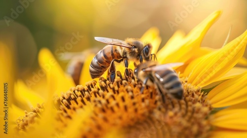 Bees are drinking nectar from sunflowers.