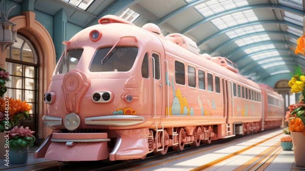A pink cartoon train sits in a station