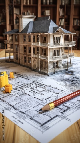 3D model of a house on top of blueprints with a pencil and some yellow objects