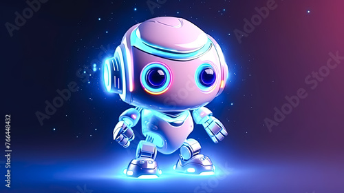 A robot with glowing eyes stands in front of a dark background