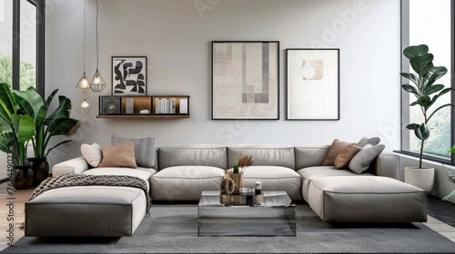 Modern concept of living room interior with boucle modular sofa. glass coffee table poster frame mockup Elegant trees and decorations © Chaonchai